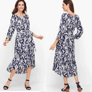 TALBOTS FLOUNCE HEM MIDI DRESS IN BLUE/WHITE PAISLEY 3X  Tiered Modest Workwear
